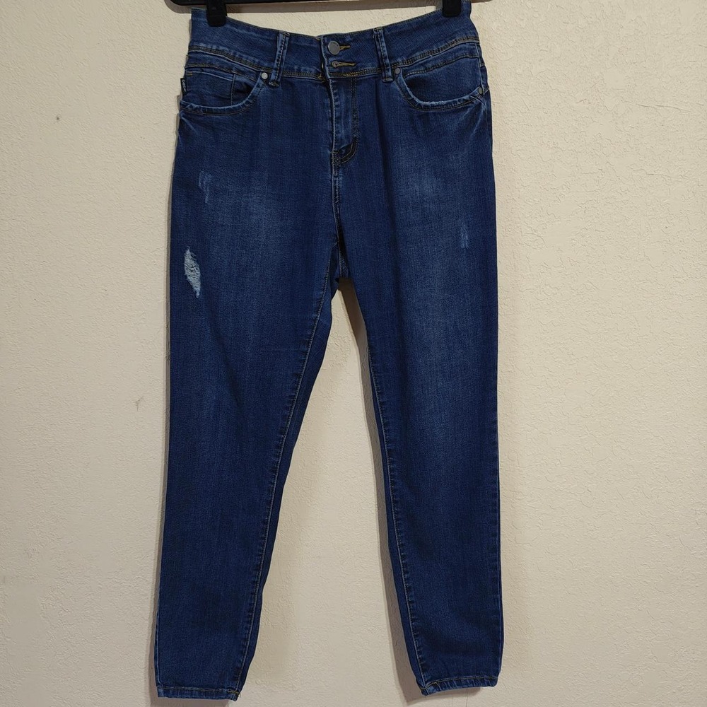 Bebe Womens High Waisted Straight Leg Jeans Blue Denim Distressed Size 13
